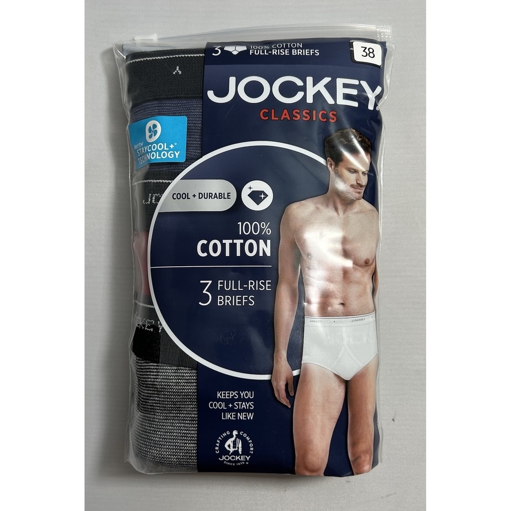 Jockey Classics Mens 3 Pack Full Rise Briefs 100% Cotton Staycool Size 38 Multi